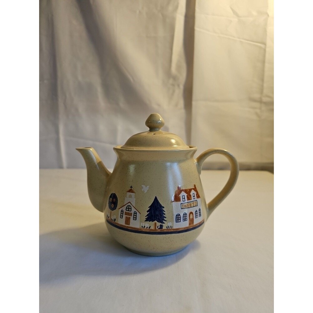 VTG Stoneware Ceramic 3 Cup Teapot Community Buildings Firehouse Church Tea Pot